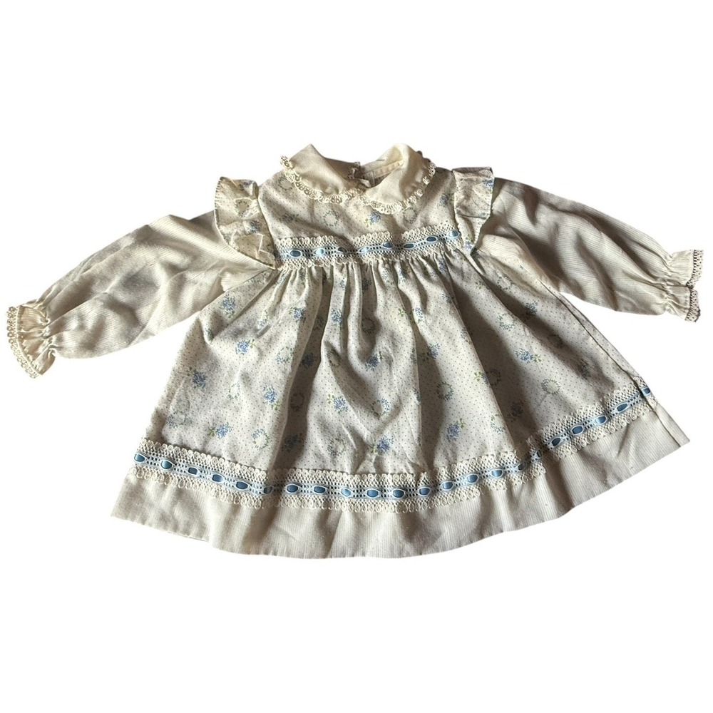 Vintage Baby Dress Blue Ivory Floral Lace Trim Buttons Ribbon 18 Months No Tag